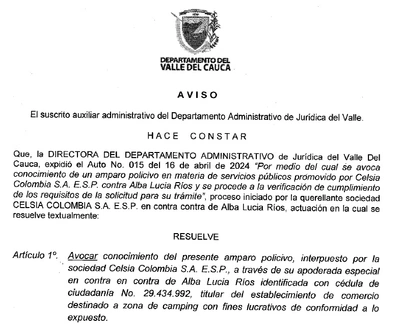 NOTIFICACIÓN POR AVISO - AUTO No. 015 de 2024- Celsia Colombia E.S.P. v. Alba Lucia Rios